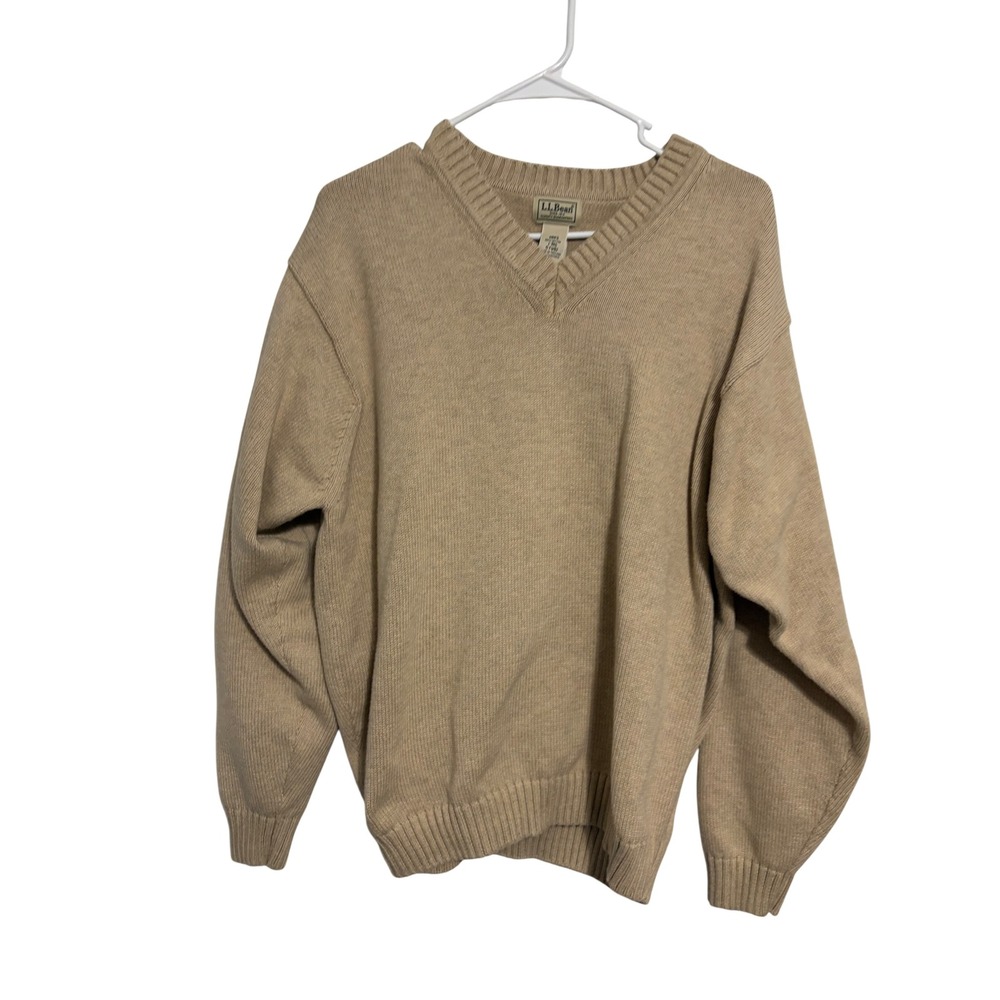 LL Bean V-Neck Sweater Classic Cotton Knit Tan Beige Mens Large L-REG